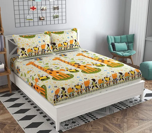 220TC_Elastic_Fitted_100%_Cotton_Feel_Printed_King_Size_Double_Bed_Bedsheet_with_2_Pillow_Cover_(72"x78"_Upto_6"_Mattress)_Yellow_Giraffe